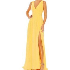 Mac Duggal Buttercup Yellow Side Slit Sleeveless Chiffon Gown